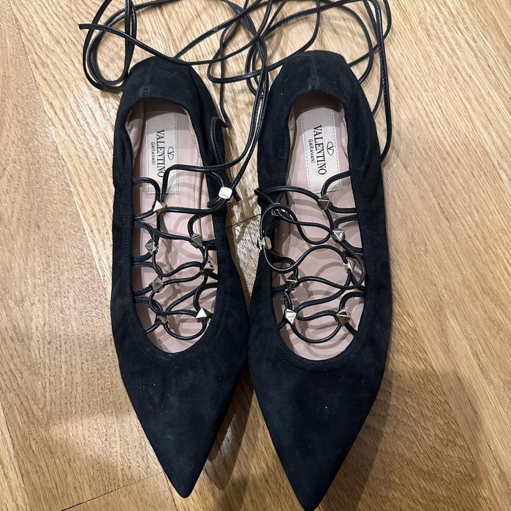 Valentino Rockstud Lace-Up Ballerina Flats
